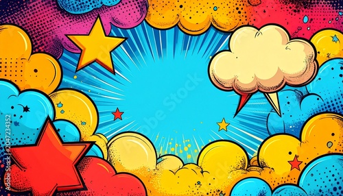 Vibrant comic book background with pop art elements and playful speech bubbles