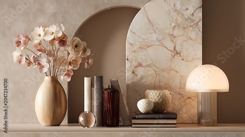Minimalist beige interior design with marble arch and decorative table lamp.