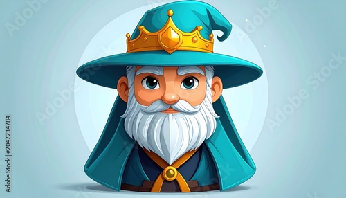 Cartoon Wizard with a Crown and a Long White Beard, Turquoise Outfit.