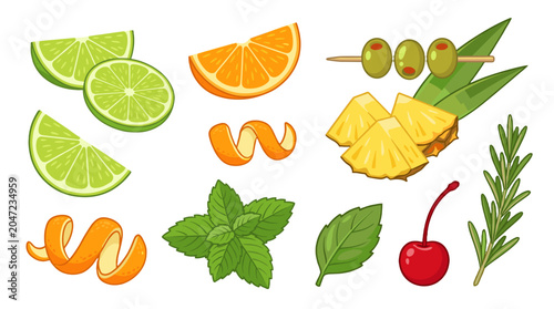 Foto Vector set of cocktail garnishes with fruit slices and herbs