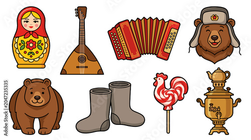 Photos Collection of Russian cultural symbols isolated on white