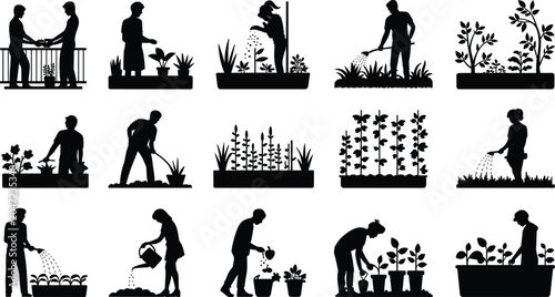 Gardening and Plant Care Silhouette Collection with Gardeners Watering Plants Growing Vegetables and Flowers