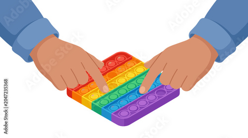 Bild auf Leinwand Hands pressing colorful pop it fidget toy on white background