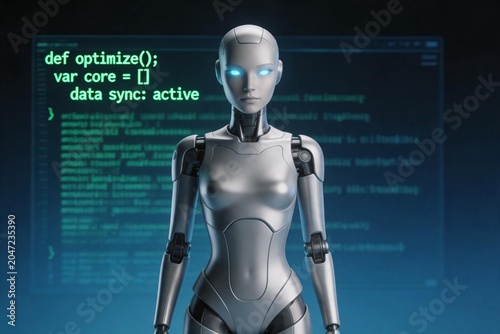 Silver humanoid robot with glowing eyes
