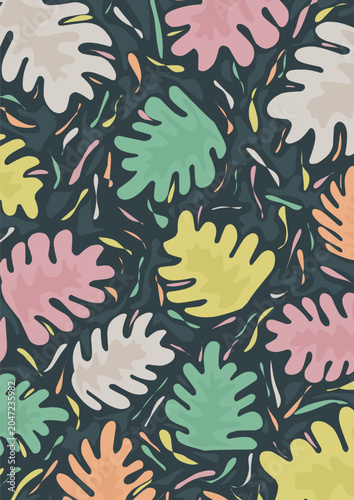 A vertical digital illustration showcasing a colorful, artistic abstract botanical pattern. The composition features stylized, organic oak-like leaf shapes overlapping across a deep, dark teal backdro