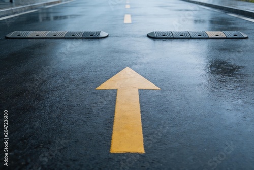 Wet road with yellow arrow and speed bumps
