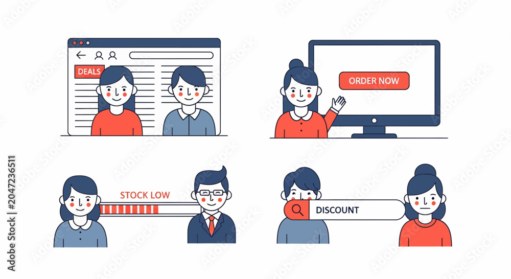 Fototapeta premium Shop Web UI Icon Set People Deal Buy Sale Now Low Stock Ad Bar Site