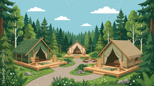 Cartoon vector illustration of luxury glamping site with elegant tents, wooden decks, forest surroundings, colorful outdoor tourism atmosphere, clean vector style