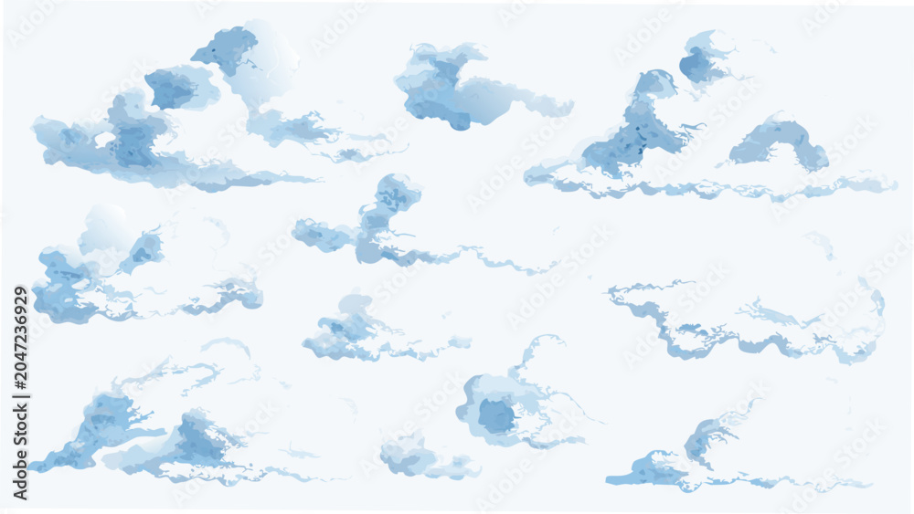 Fototapeta premium Fluffy clouds collection a watercolor style illustration on a white background atmospheric azure celestial cloudscape cumulus daytime dreamy