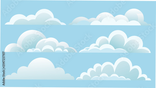Tableau sur toile A collection of white cumulus clouds depicted in a flat vector illustration agai