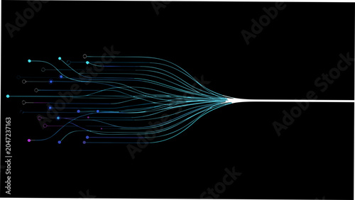 Canvastavla Abstract network of converging lines and colored nodes on a black background vec