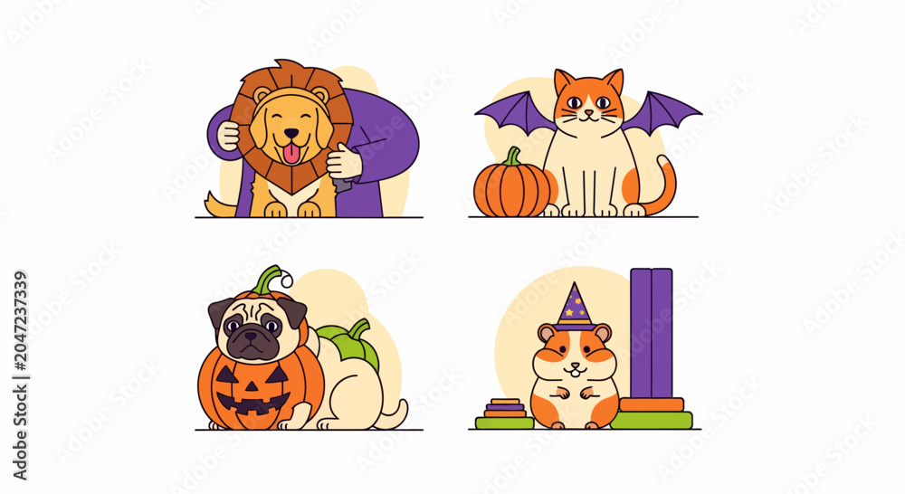 Obraz premium Pet halloween set dog lion cat bat pug pumpkin wizard hamster art fun joy day