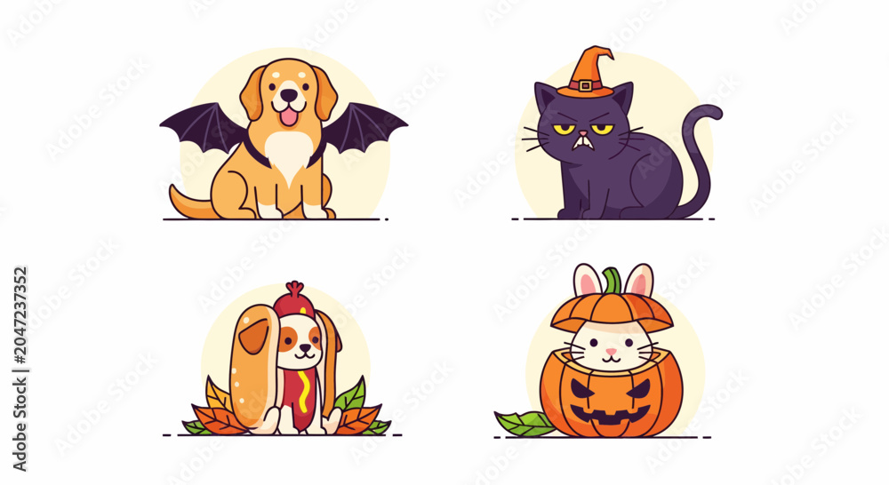 Fototapeta premium Dog cat pet bat hat hot dog bun pumpkin spooky fun art set kit icon