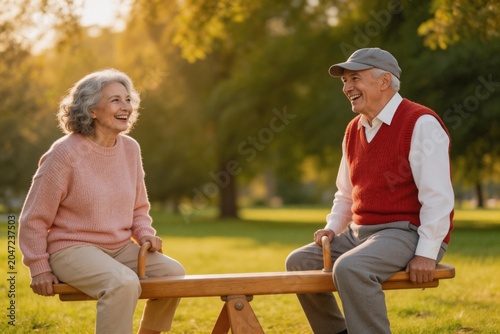Elderly couple on seesaw in park