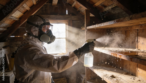 Man in hazmat suit and respirator spraying disinfectant on dusty shelves in wooden attic.