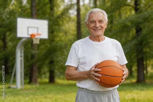 Elderly man holding basketball outdoors