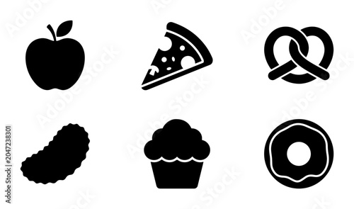 Tableau sur toile Set of 6 Black Food Icons: Apple, Pizza Slice, Pretzel, Pickle, Muffin, Donut, V