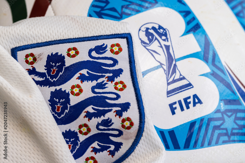 Naklejka premium LONDON, UK - JUNE 2026: England 3 lions football team logo alongside the 2026 world cup logo