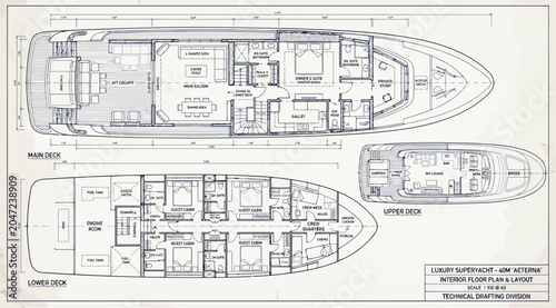 Canvas-taulu Technical floor plan drawings of a luxury superyacht showing main and lower deck