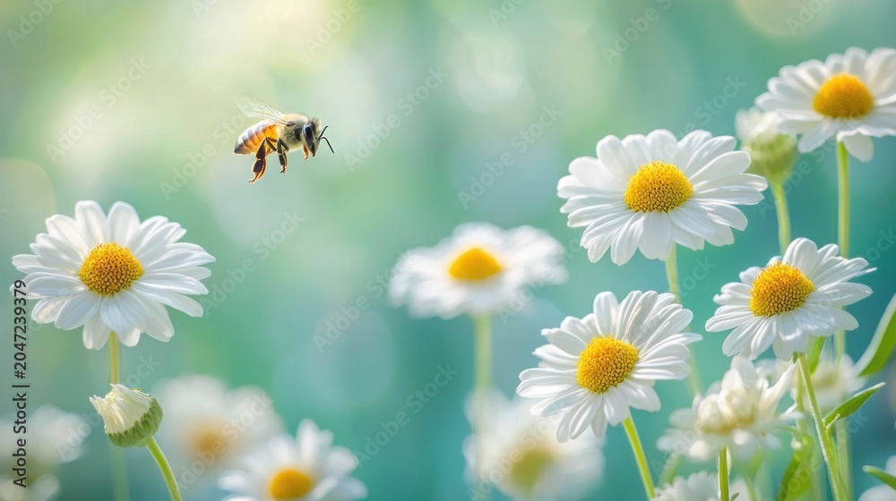 Fototapeta premium Bee flying over daisies in bloom