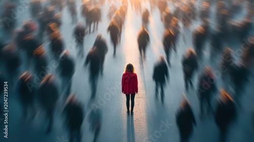 Woman in red stands out from blurred crowd, symbolizing individuality and isolation