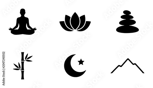 Canvas Print Zen Yoga Meditation Icons: Lotus Flower, Stacked Stones, Bamboo, Crescent Moon,