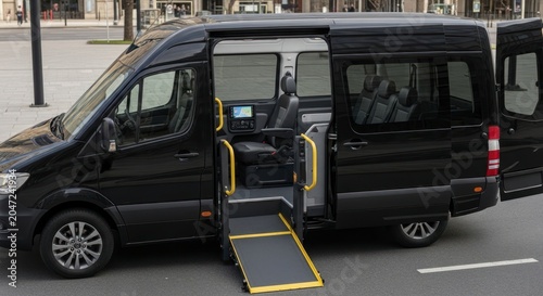 Modern Black Accessible Van with Deployed Wheelchair Ramp and Yellow Safety Features