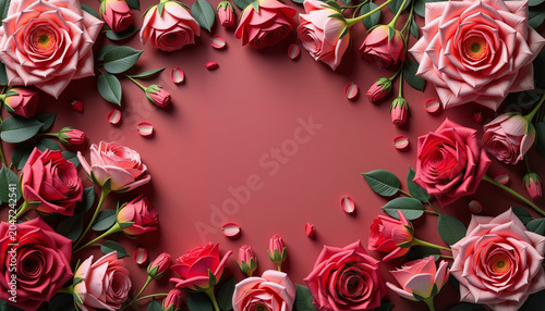 Pink and red roses arranged on a red background in flat lay style  