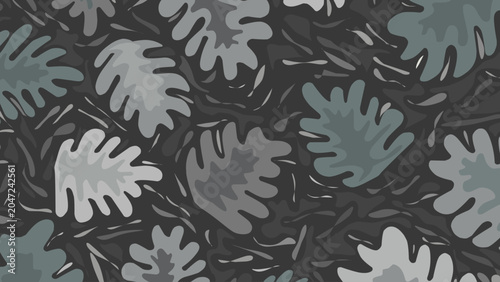 A horizontal digital illustration showcasing a bold and moody abstract floral pattern. The composition features stylized, organic leaf shapes overlapping across a dark, near-black backdrop filled with