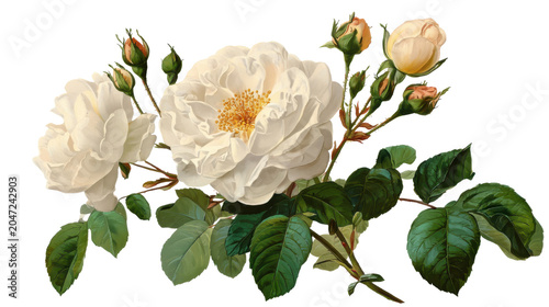 Blooming White Rose Flower Branch with Green Leaves Botanical Floral Arrangement Isolated on White Background