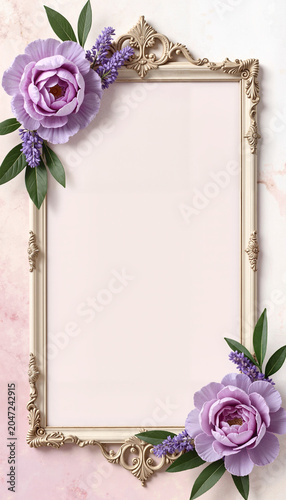 Elegant floral frame with purple peonies and lavender on pastel background  