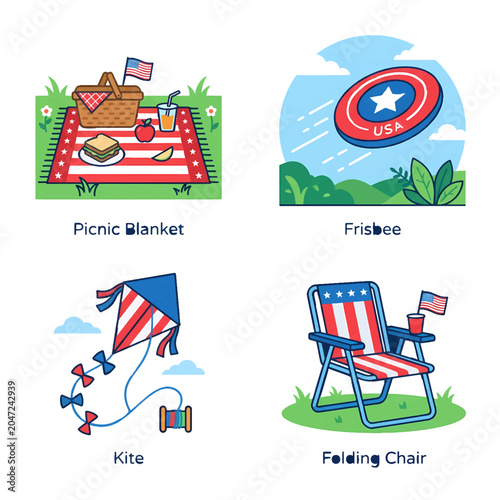 Summer Outdoor Recreation Flat Illustration Set Featuring a Picnic Blanket with Basket, Flying Disc in the Sky, Striped Kite with Tail, and a Folding Beach Chair with American Flag Theme
