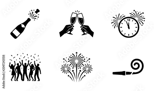 Schilderij op canvas Celebration Icons: Champagne Toast, Fireworks, Party People, New Year Clock, Noi