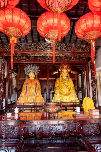 Fotografie an ornate altar inside a Chinese temple in old water town in Shanghai Qingpu Dis