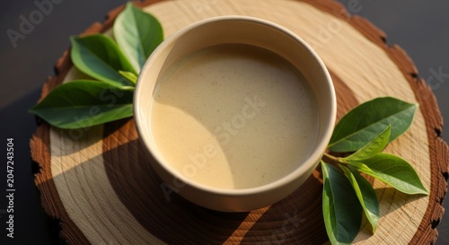 Rustic Still Life: Creamy Tahini Bowl on Wood with Sun-Kissed Leaves