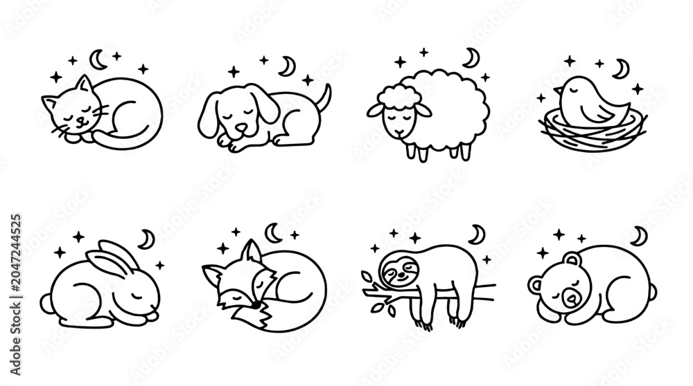Obraz premium Sleeping animal outline icon set with cute nocturnal doodles