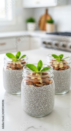 Trio of Healthy Chia Pudding Jars with Almonds and Mint on a Bright Marble Countertop