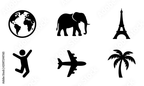 Photos Global Travel Icons: Earth, Elephant, Eiffel Tower, Person, Airplane, Palm Tree