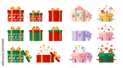 Foto Set of colorful gift boxes and surprise packages vector illustration