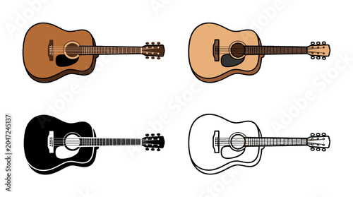 Εκτύπωση καμβά Set of acoustic guitar icons in color, silhouette, and outline
