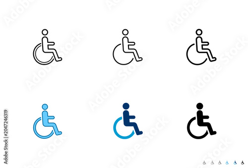 Wheelchair disability person line and solid icon set for healthcare and medical concept