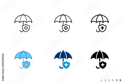 Umbrella and medical shield line and solid icon set for healthcare and medical concept