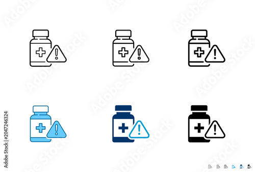 Medicine bottle with warning sign line and solid icon set for healthcare and medical concept