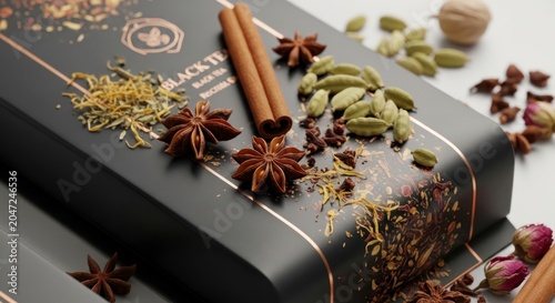 Aromatic Still Life of Exotic Spices on a Luxury Matte Black Tea Tin
