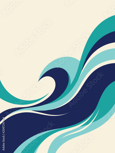 Stylized ocean wave curling with turquoise and deep blue gradient in minimalist vector illustration