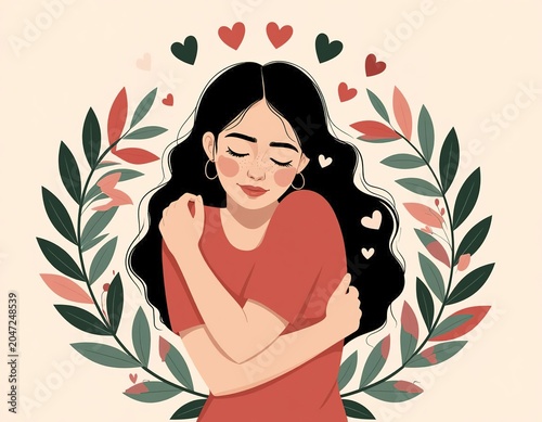 A woman hugs herself by the shoulders. Self-care.