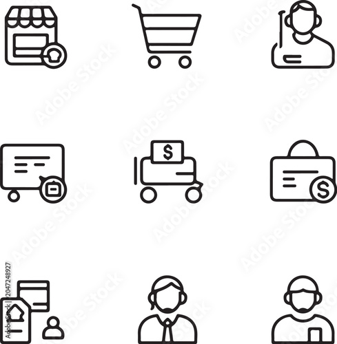 Shopping Icons Set with Cart Basket Bag Credit Card and Online Shopping Symbols Vector Illustration
