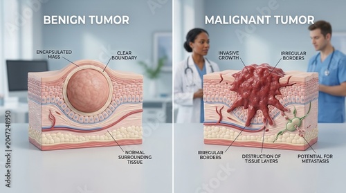 Medical illustration comparing benign and malignant tumors. 3D cross section models showing encapsulated mass versus invasive growth with text labels. Oncology and pathology education concept