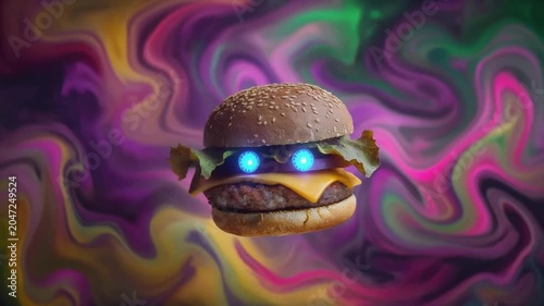 Cheeseburger with glowing blue eyes floating against an abstract liquid colorful motion background for creative commercial digital video projects