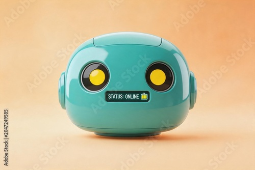 Blue robot with yellow eyes on orange background